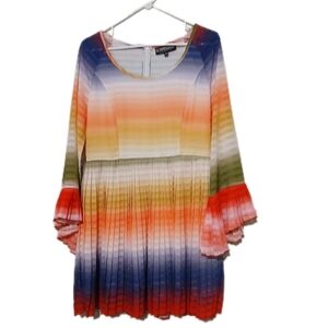 The Pyramid Collection Pleated Colorful Dress Bell Sleeve Womans Ecclectic